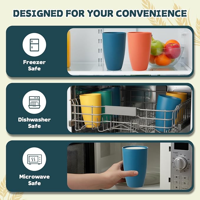 Wrova Wheat Straw Cups Reusable Kitchen Cups Set of 8, Unbreakable 20oz - Image 8