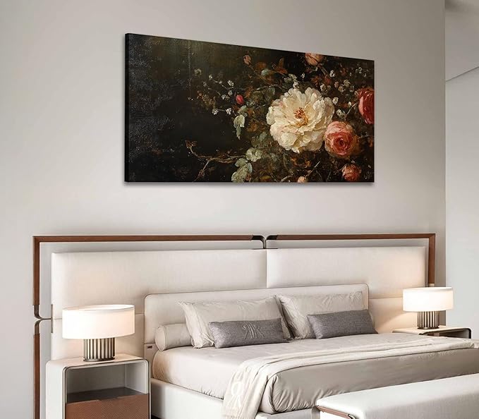 ADJUVANT Wall Art Vintage Peony And Rose Bouquet 40"L x 20"W, White Peony With Pink Roses Canvas Painting Elegant Floral Artwork Prints Botanic Wall Decor for Living Room Bedroom Dining Room Home Office
