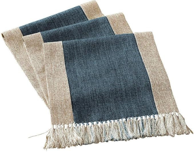 Rustic Table Runner with Fringe 15 x 108 Inches Long Blue | Natural Elegant by HomeyHo