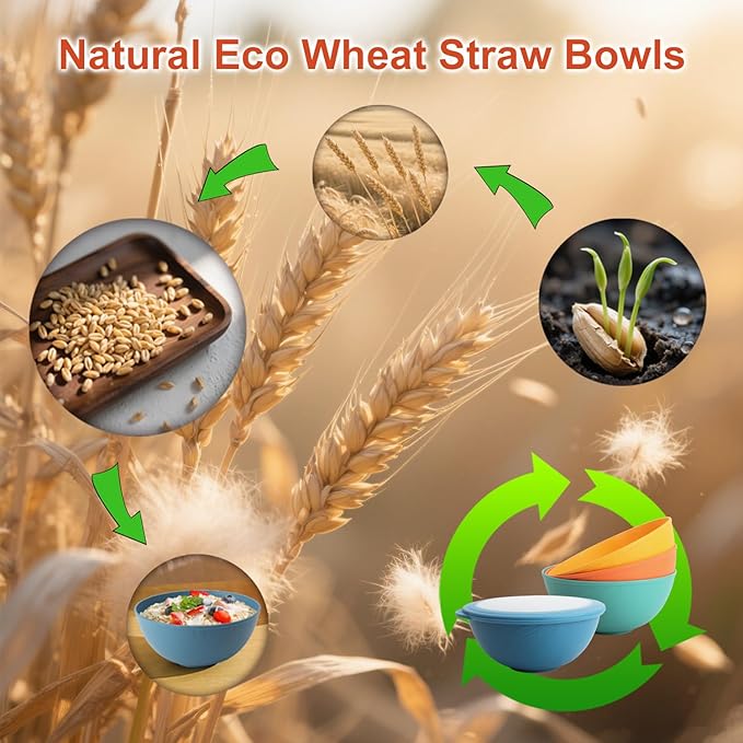 Wrova 40oz wheat straw bowls with lids set of 4,cereal bowls with covers anti-leaking,unbreakable salad container for lunch, dishwasher safe bowl sets for kitchen. Vibrant Series