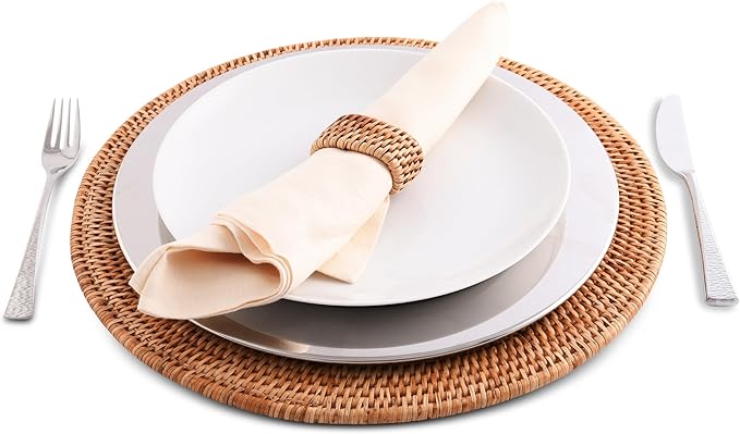 Vagabond House Handmade Rattan Chargers - Set of 4 Large, Durable, Natural Woven Wicker Rattan Placemats for Dinner Plates with Pewter Anchor - Perfect for Beach Home, Ocean and Coastal Themes