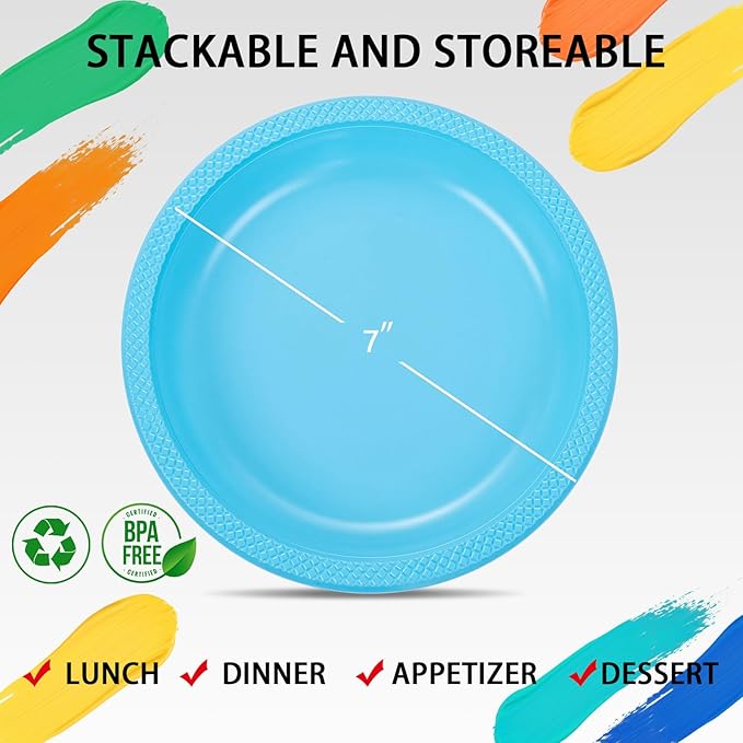 WELLIFE Light Blue Party Plates 7 Inch -150 Count, Disposable Plastic Baby Blue Dessert Plates for Party Cake Appetizer Salad Baby Shower