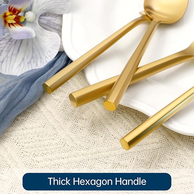 Silverware Set 40-Piece Stainless Steel Matte Gold Cutlery, Hand Forged Thick Hexagon Handle Flatware Sets, Service for 8