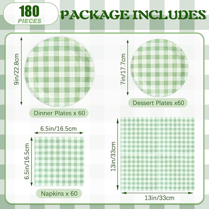 180Pcs Green Gingham Party Supplies Paper Plates and Napkins Serve 60 | - Image 2
