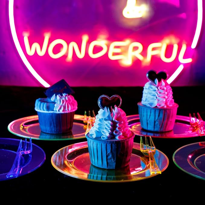 supernal 200pcs Appetizers Plates includ 100pcs Plastic Forks 100pcs Neon Party Plates Colorful Rainbow Disposable Party Plate and Dispsoable Forks Set for Party Catering Birthday