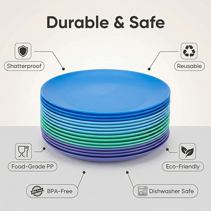 Plastic Plates Reusable - 10 inch Unbreakable Dinner Plate set of 12 - BPA Free Dishwasher Safe Microwave Plates - Everyday Large Plate for Kids Kitchen Salad Party Outdoor