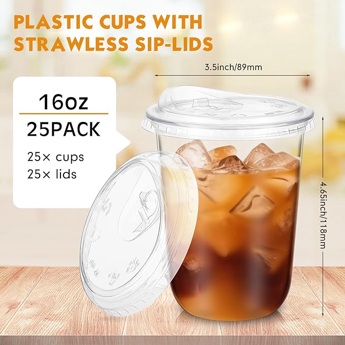 25 Sets 16 oz Clear Plastic Cups with Strawless Sip Lids, Thickened Clear Disposable Plastic PET Crystal Cups for Iced Coffee, Smoothie, Cold Beverage, Drink Shops and Party Catering