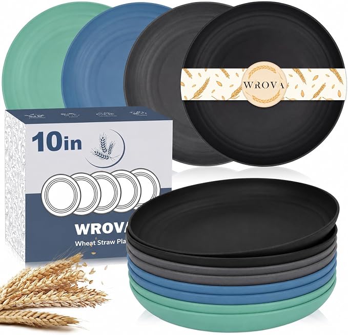 Unbreakable Dinner Plate Sets for 8-10 Inch Reusable Wheat Straw Plates by WROVA