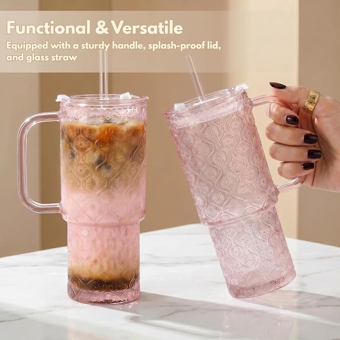 20 oz Pink Glass Tumbler with Lid and Straw, Glass Iced Coffee Cups, - Image 3