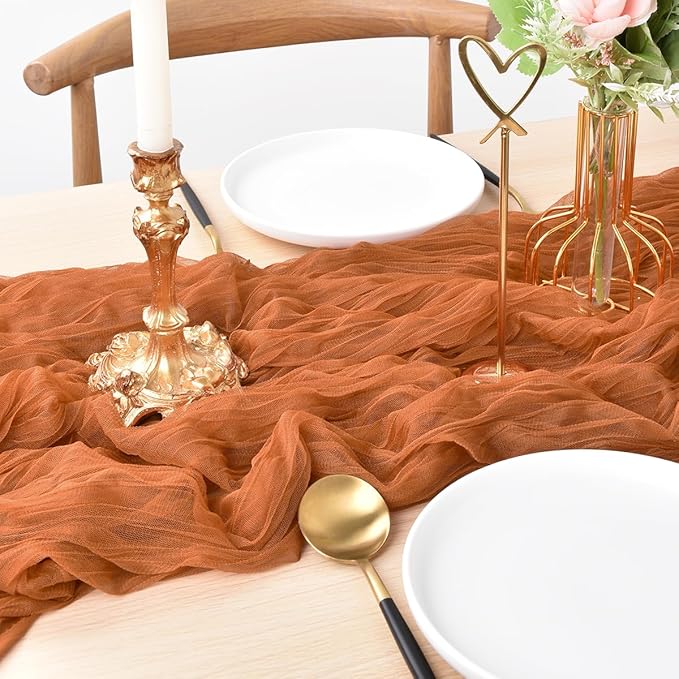 Joanlody Terracotta Cheesecloth Table Runner Fall Thanksgiving 10Ft Rustic Gauze Boho Cheese Cloth Table Runner for Wedding Bridal Baby Shower Decoration 4 Pack