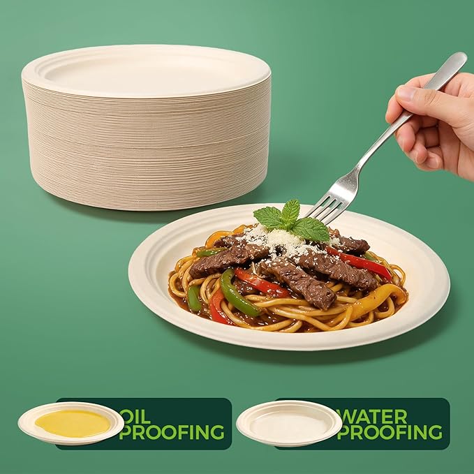 100% Compostable Paper Plates - 10 Inch, Bulk 300 Count - Disposable, Heavy Duty, Biodegradable Plates Made of Bagasse - Eco-Friendly, Large Size (Natural)