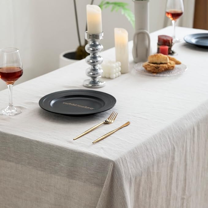 EVERLY100% Pure Linen Rectangle Tablecloths 144Lx60WInch for Dining,Buffet Parties,Picnic,Events,Weddings and Restaurants,Decorative Halloween,Thanksgiving Machine Washable Tablecloths-Natural Linen