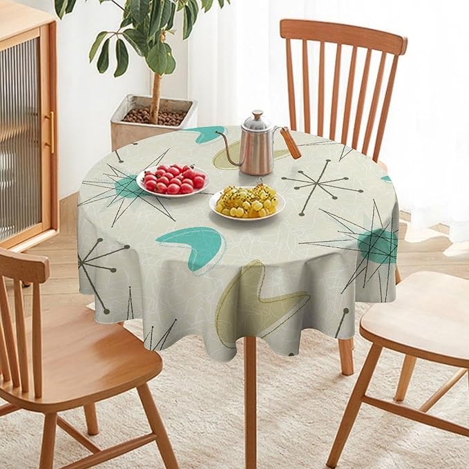 Mid Century Round Tablecloth, Modern Atomic Abstract Geometric Pattern Tablecloth for Home Party Dining Room Kitchen Decorm 50Inch(127cm)