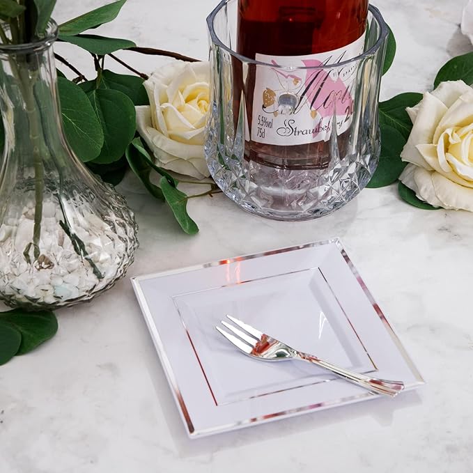 WDF Silver Plastic Dessert Plates with Plastic Forks - 6” 100 Square Disposable Appetizer Plates Small Plates Cake Plates with Silver Rim &100 Small Appetizer Forks for Party Wedding Valentine's Day