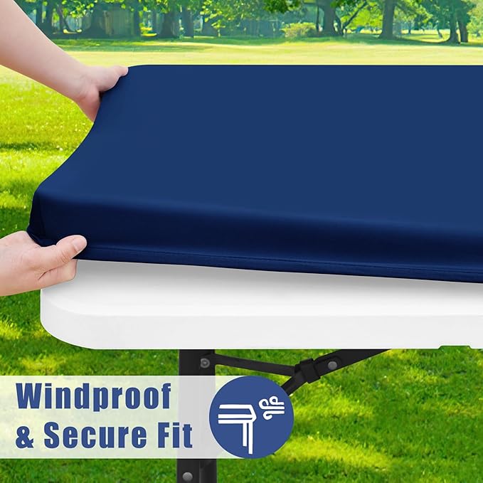Spandex Picnic Table Cloth 2 Pack, Elastic Fitted Tablecloths for Square Tables, Stretch Washable Patio Table Cover for Outdoor, Camping, Banquet and Parties (Navy, 34"x34")