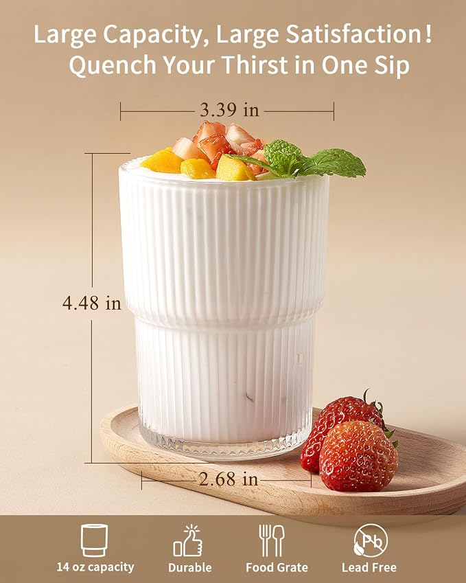 6PCS Ribbed Drinking Glasses, 14Oz Stackable Glass Cup Set - Image 3
