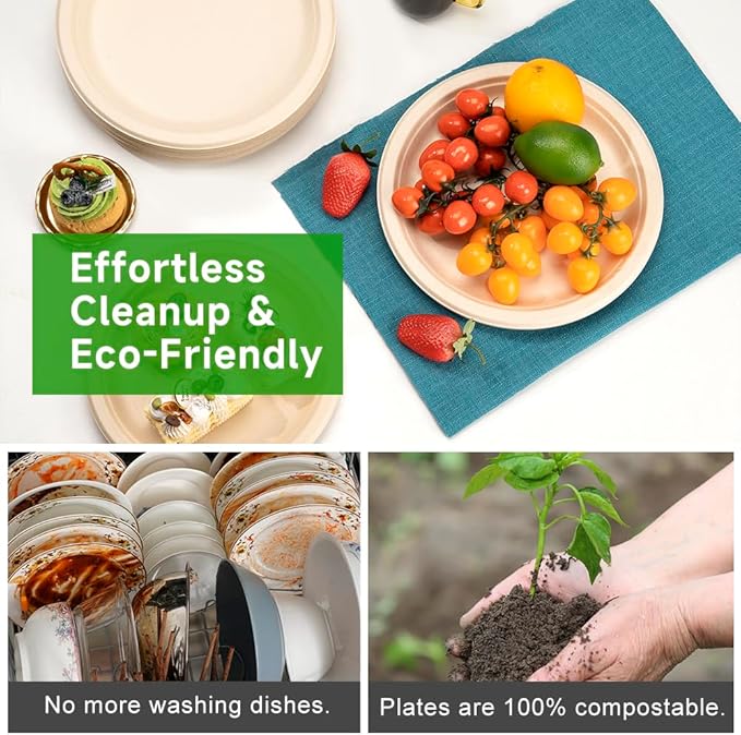 RACETOP Compostable Paper Plates 9 Inch [500 Pack], Disposable Biodegradable Heavy Duty Paper Plates, Made of Natural Sugarcane Fibers, Unbleached Brown, Round