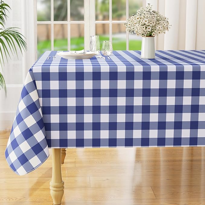 misaya Rectangle Waterproof Vinyl Table Cloth, Buffalo Flannel Backed Tablecloth, Wipeable Plastic Table Cover for Dinner, Kitchen, Outdoor (54" x 78", White and Navy)