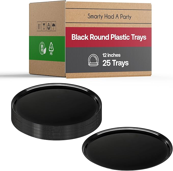 Smarty Had A Party 12 Inch Black Round Plastic Serving Tray – Heavy-Duty Party Platters & Catering Trays, Reusable or Disposable Plastic Trays for Serving Food, Elegant Party Tray Set of 25