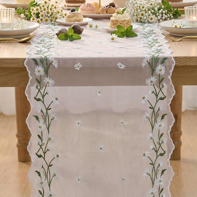 Artoid Mode Daisy Floral Light Pink Shaped Gauze Embroidery Table Runner 120 - Image 2