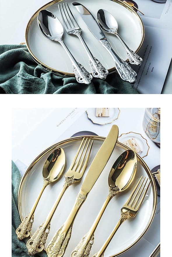 Silverware Set for 8 Premium 18/10 Stainless Steel Flatware Set Palace Style 40 Piece Cutlery Tableware Utensils Embossed Decorative Handle Knives Forks and Spoons for Home Christmas Wedding