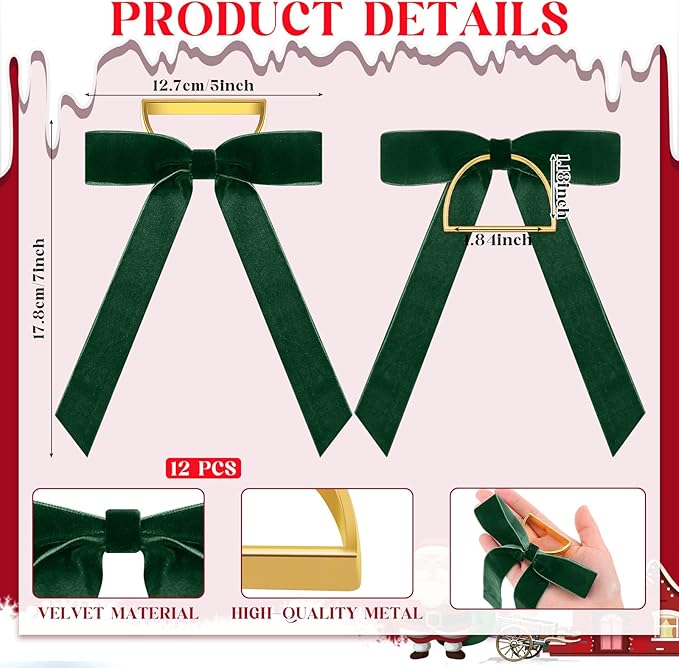 Riceshoot Velvet Bow Napkin Rings Bows with Gold Semicircle Metal Napkin Ring Velvet Bow Holder for Wine Bottles Table Settings Candlestick Wedding Valentine's Day Dinner(Green,12 Pcs)