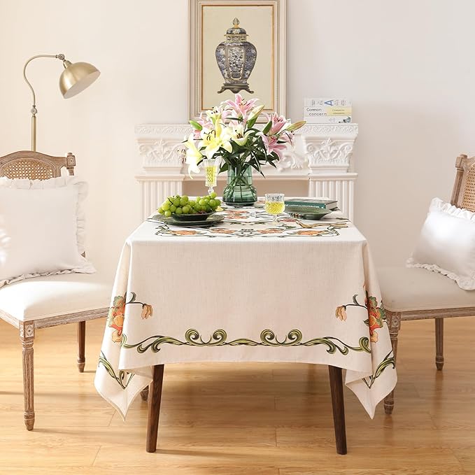patdrea Designer Vintage Linen Rectangle Tablecloth,French Floral Tablecloths,Wrinkle Free Table Cloth,Decorative Table Cover Cloth for Kitchen,Dining,Tea Party,Home,Christmas,63"*94"