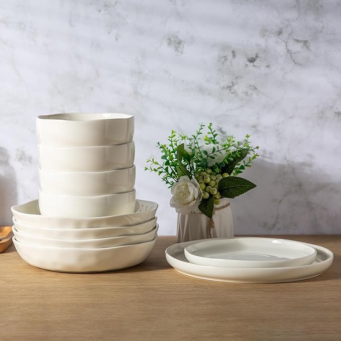 LERATIO 9.75 "Ceramic Flat Pasta Bowls, Wavy Rim 38oz Large Bowls Set of 4 for Kitchen,Modern Porcelain Stoneware pasta bowls,Dishwasher & Microwave & Oven Safe Bowls with for Pasta-White