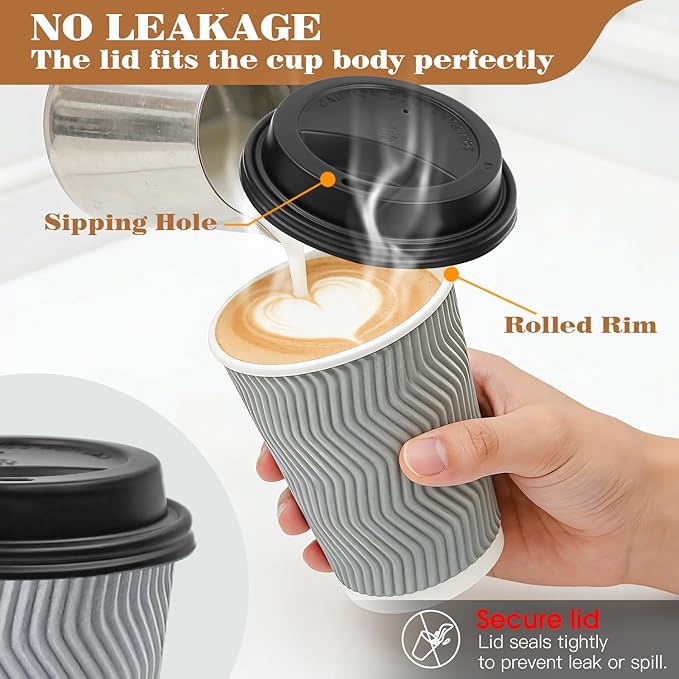 Ginkgo 100 Pack To Go Paper Coffee Cups With Lids, 12 oz Disposable Double-Walled Ripple Insulated Hot Cups for Hot Drinks, Lattes, Travel Cups, Medium, Gray