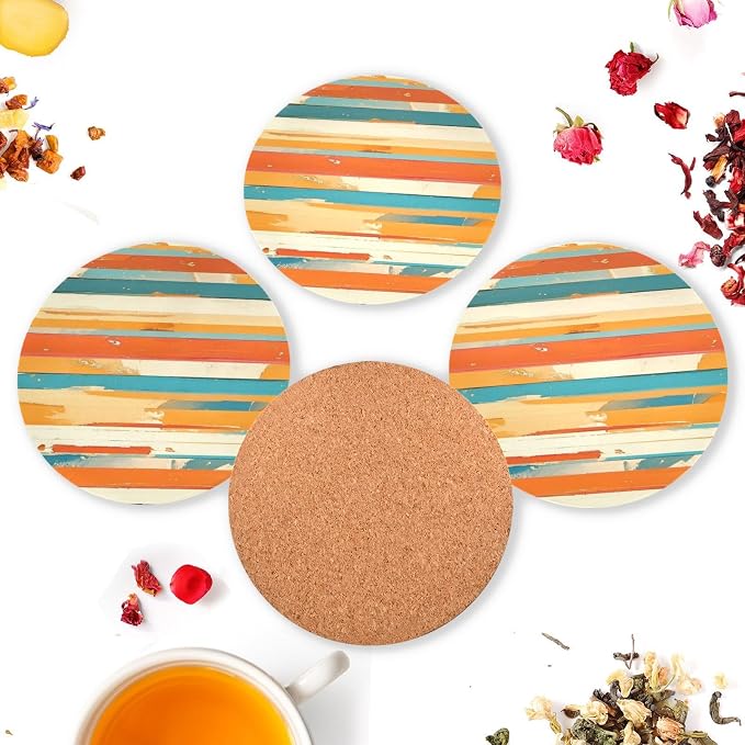 Red Stripes 4 Piecing Set Round Drink Coaster Cork Trivets - Image 6