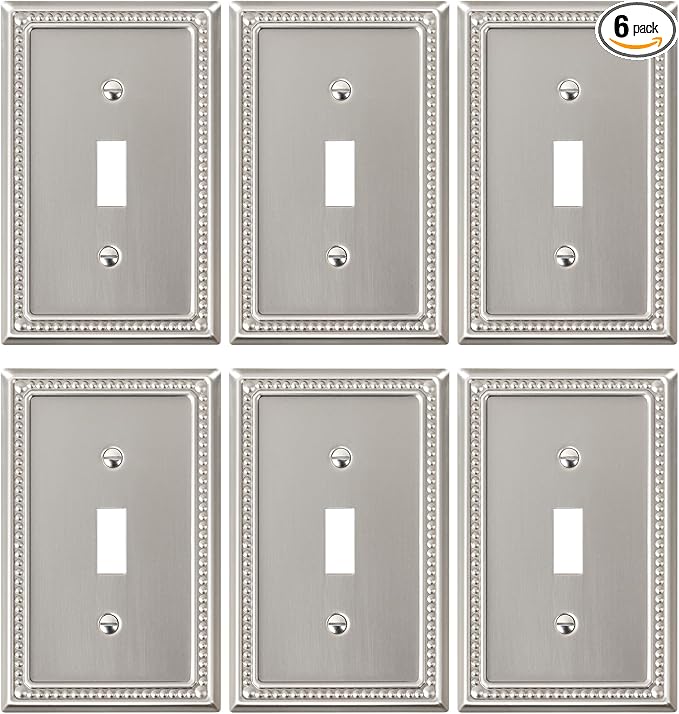 6-Pack Single Toggle Light Switch Cover Plate, Pearls Decorative Switch Plate Covers, Brushed Nickel 1 Gang Metal Wall Plate