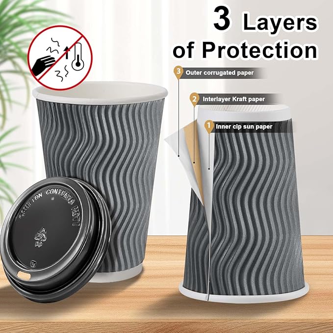 500 Pack Coffee Cups with Lids 16oz, Disposable Insulated Ripple Wall To Go Paper Coffee Cups for Hot/Cold Drinks Office Home Shop Event (Grey)