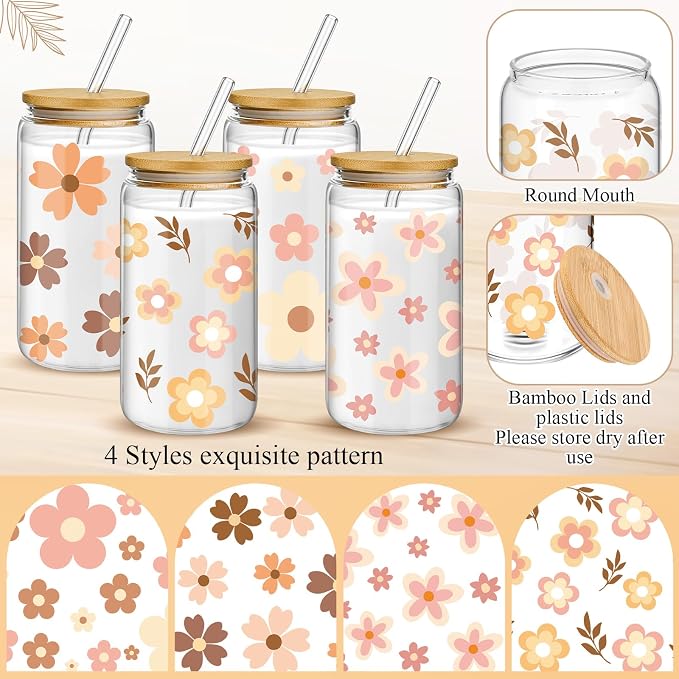 Mumufy 4 Pack Wildflower Glass Cups Gift Aesthetic Cute Glass Cup Tumbler - Image 3