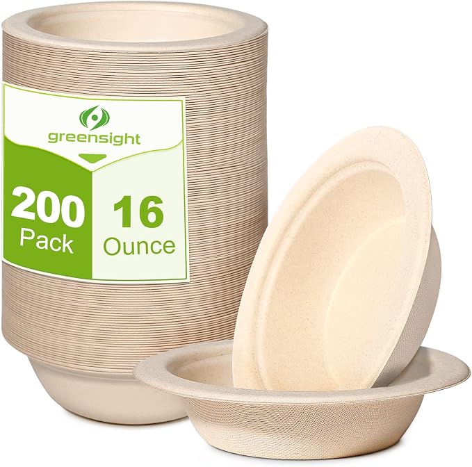 greensight 16oz Paper Bowls Bulk 200 Pack Disposable Heavy Duty Compostable | by greensight