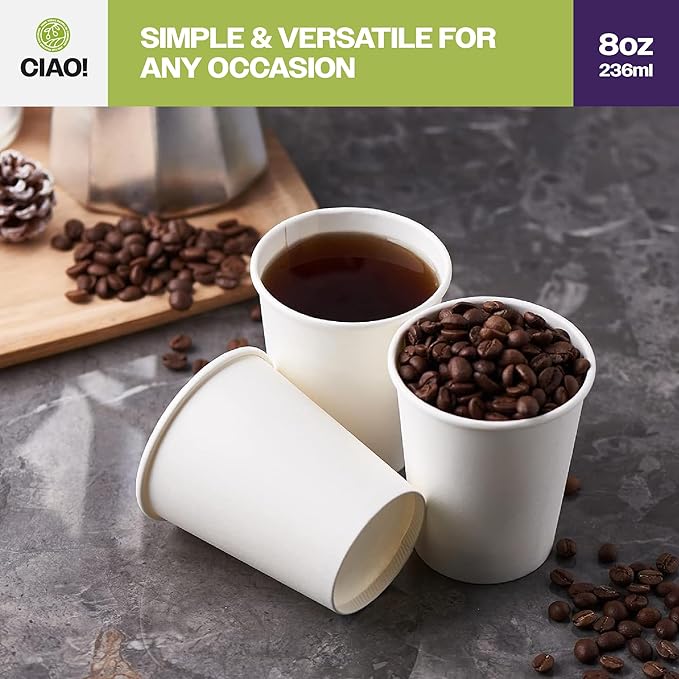 CIAO! 8oz White Paper Hot Cup, Disposable, 80mm Diameter 500 Count