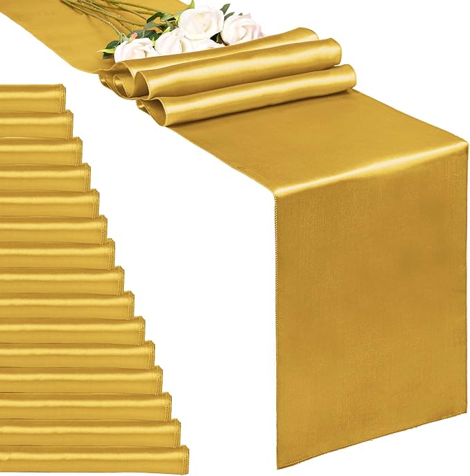 15-Pack Gold 12 x 108 inches Long Premium Satin Table Runner | Wedding by REWOMC