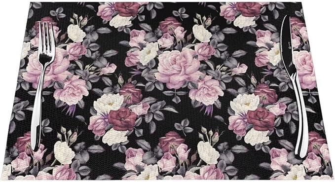 Vintage Floral Placemats Set of 6 Pink Rose Peony Flower Blossom Black Wipeable Table Mats Reusable Washable PVC Rectangle Place Mats for Kitchen Dining Home Decor 12x18 Inches