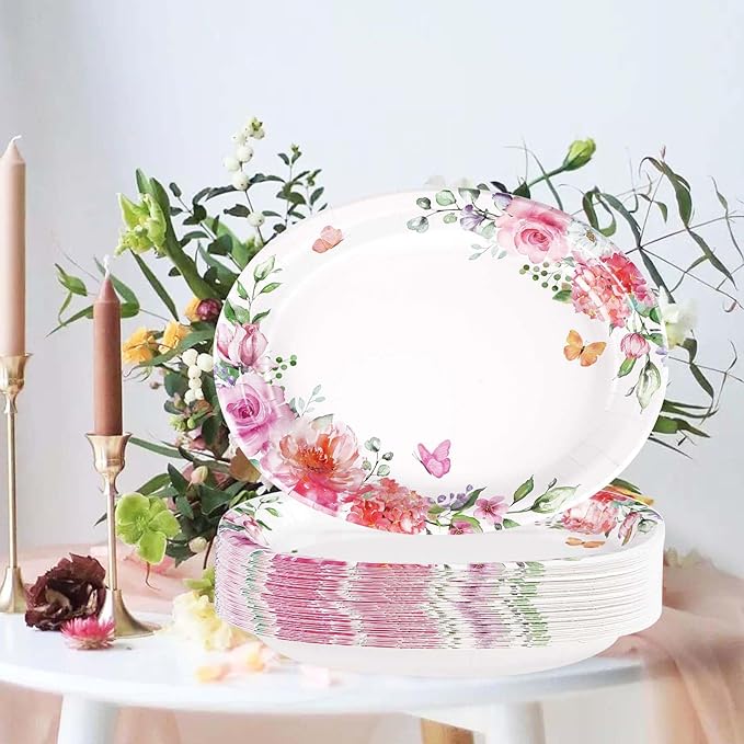 Grencian 50Pcs Floral Oval Paper Plates 10" x 12" Disposable Pink Rose Floral Party Plates Spring Pink Flower Dinnerware for Wedding Tea Party Birthday Bridal Baby Shower Mother's Day Decorations