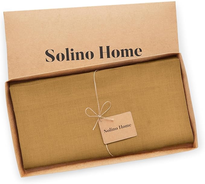 Solino Home Linen Tablecloth 52 x 52 Inch - 100% Pure Linen Caramel Square Tablecloth - Fete, Machine Washable Table Throw for Spring, Easter