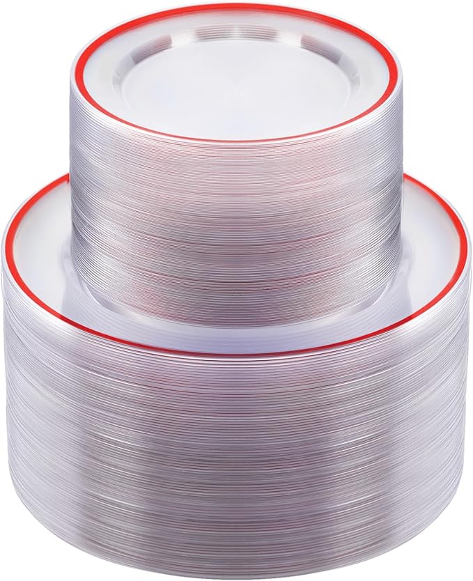 BESTSTAR 200PCS Red and Clear Plastic Plates, Disposable Plate Set with 100 Dinner Plate and 100 Dessert Plates for Party, Christmas, Valentine's Day
