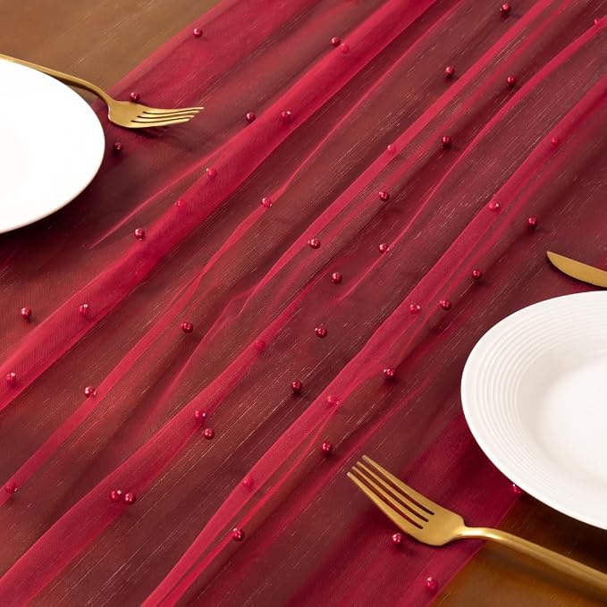 Pearl Table Runner Summer Tulle Gauze Sheer Wedding Party Home Decor | Red - Image 2
