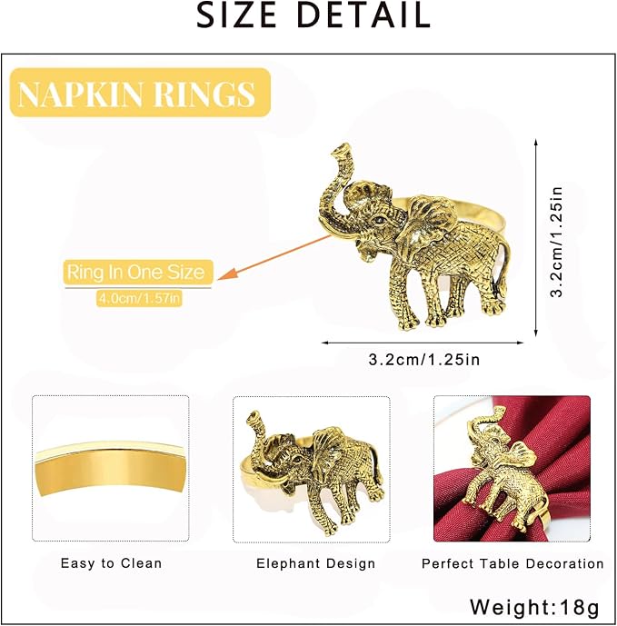 Elephant Napkin Rings Set of 12 Gold Tropical Animal Napkin Ring - Image 8