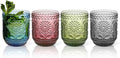 Topsky Vintage Drinking Glass Set of 4,12 oz Embossed Floral Drinkware Set,Colorful Drinking Glasses Cups Wine Glasses Colored Glassware for Whisky,Beer,Juice,Cocktail,Heavy Duty