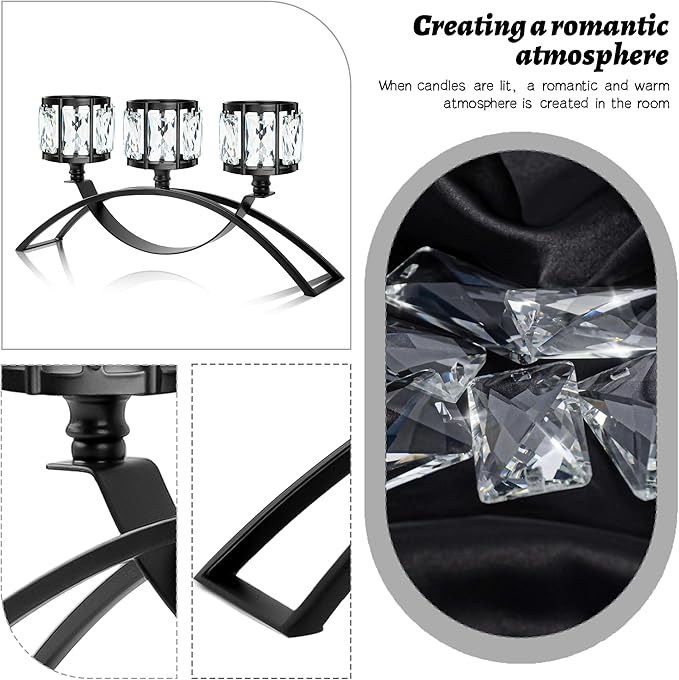 3 Arms Crystal Candle Holders, Arch Candlestick Table Candelabras Centerpieces for Wedding, Dinning Room, Cabinet Ornaments, Home Decoration， Gift (Black, 2 Pcs-3 Arm Arched)