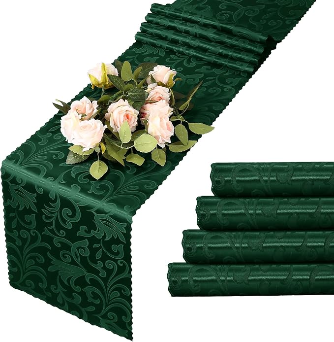 MILVOWOC Emerald Green Satin Table Runner, 4 Pack, 12 x 72 Inch | Jacquard by MILVOWOC