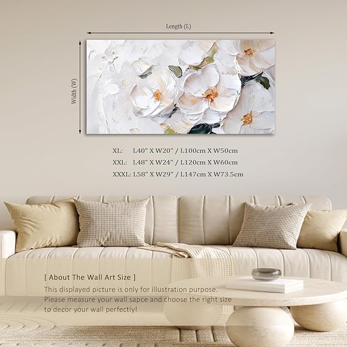 ADJUVANT Wall Art Impressionist Minimalist White Floral 48"L x 24"W, White Flowers With Subtle Tones Canvas Painting Delicate Petals Artwork Floral Wall Decor for Living Room Bedroom Bathroom Home Office