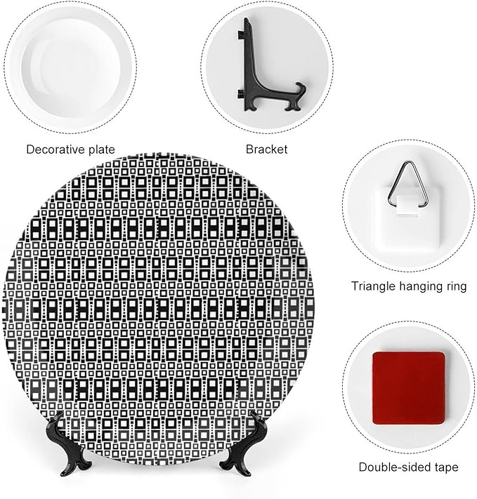 Decorative Plates, Abstract Print Ornament, Monochrome Squares of Motif Grid Design Geometric, 7 Inch, 1 Plate with 1 Display Stand, Black White