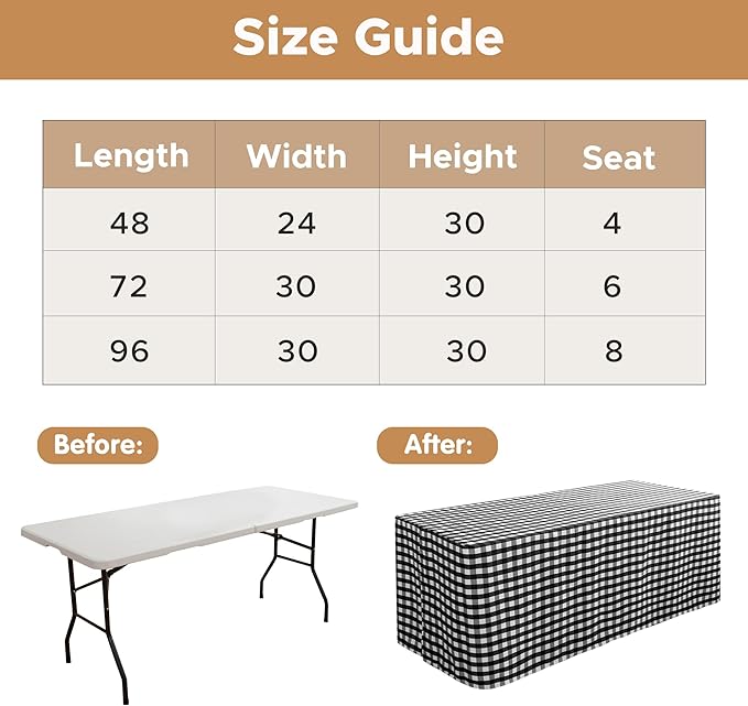 HolidayIdeas Checkered Fitted Table Covers for 8 Foot Tables - 96 x 30 Inch - 2 Pack Rectangle Table Clothes Buffalo Plaid Table Cover for Folding Table, Parties, Picnic, Trade Show (Black and White)