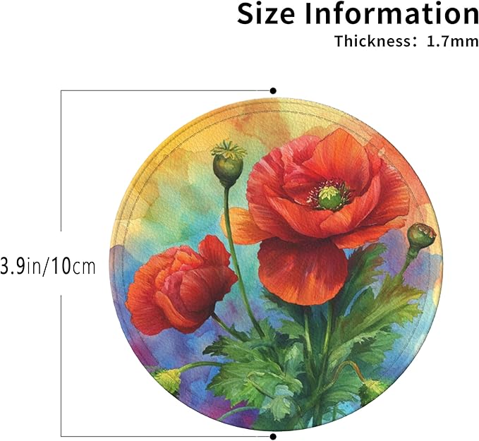 Red Flowers Coasters Leather Round Drink Coasters 6 Pcs Set with Holderor for Cup Drink Coffee Table Bar Home Decor