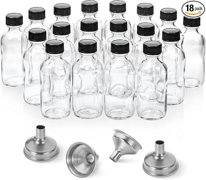 18 Pack, 2 oz Small Clear Glass Bottles w/ Lid & 4 Stainless Steel Funnels - by AOZITA